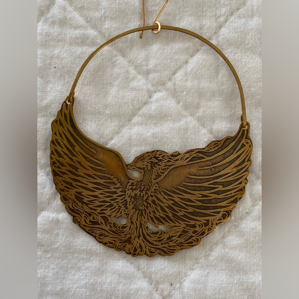 Phoenix Hand Etched Brass Earrings - Picture 2 of 3
